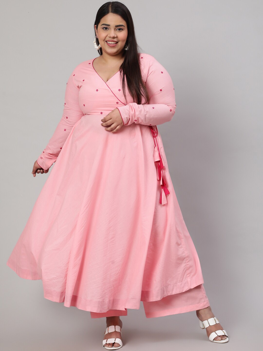 

Jaipur Kurti Plus Size Mirror Work Angrakha Pure Cotton Kurta with Palazzos, Pink