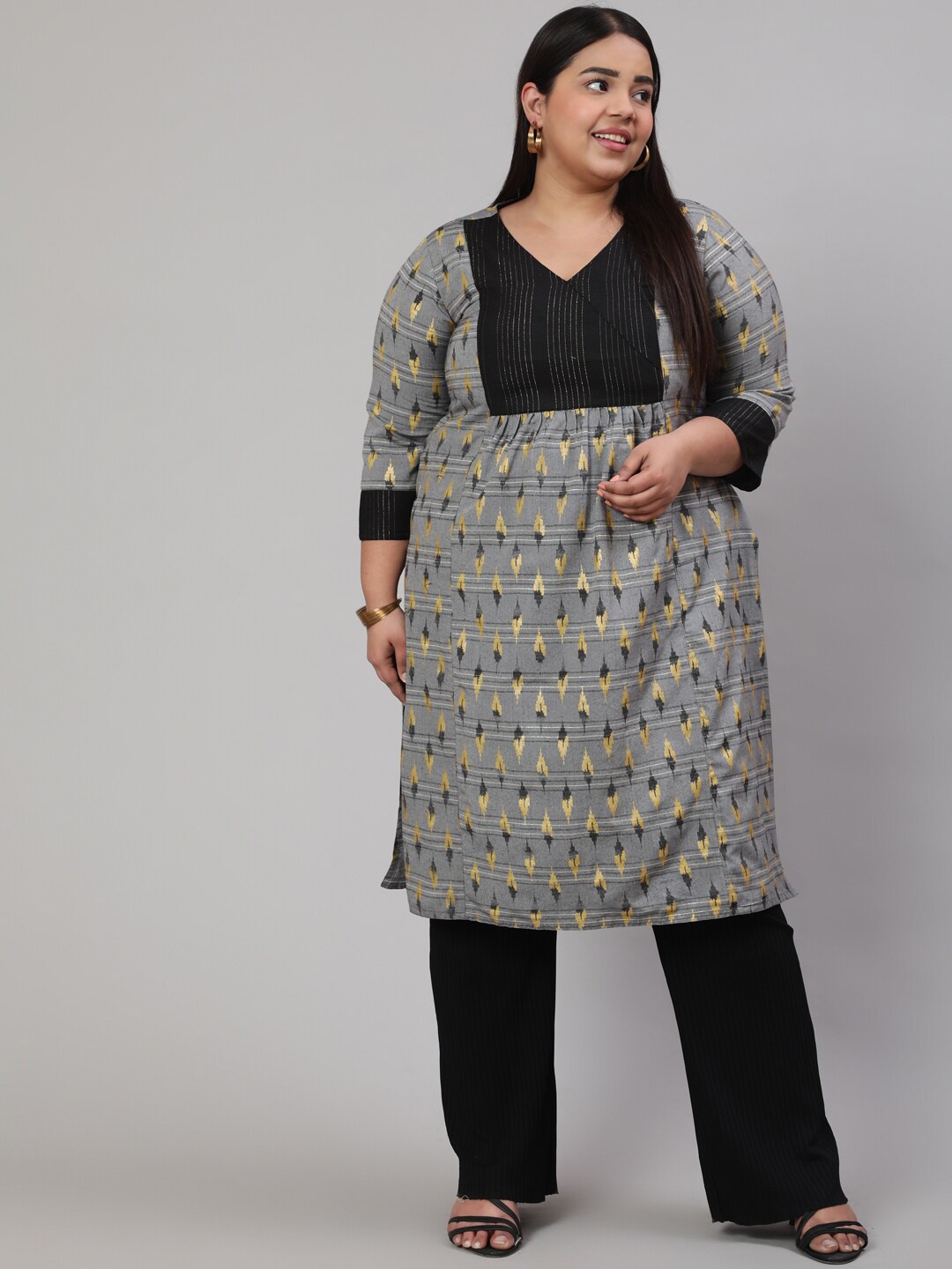 

Jaipur Kurti Plus Size Printed V-Neck Straight Kurta, Grey