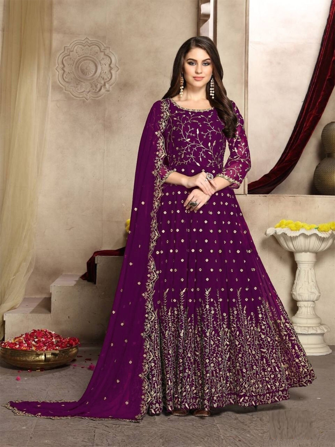 

YOYO Fashion Embroidered Semi-Stitched Dress Material, Purple