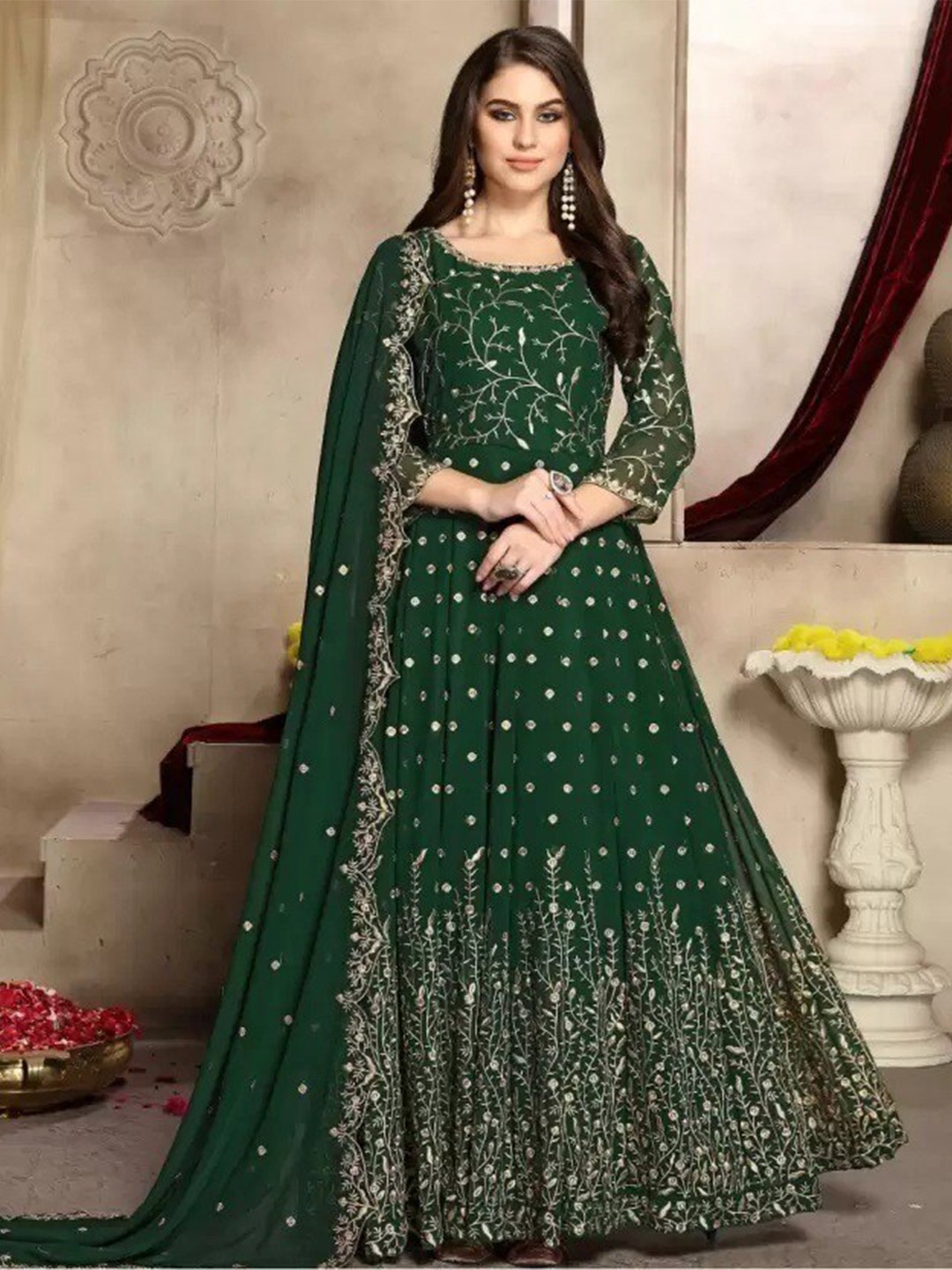 

YOYO Fashion Embroidered Semi-Stitched Dress Material, Green