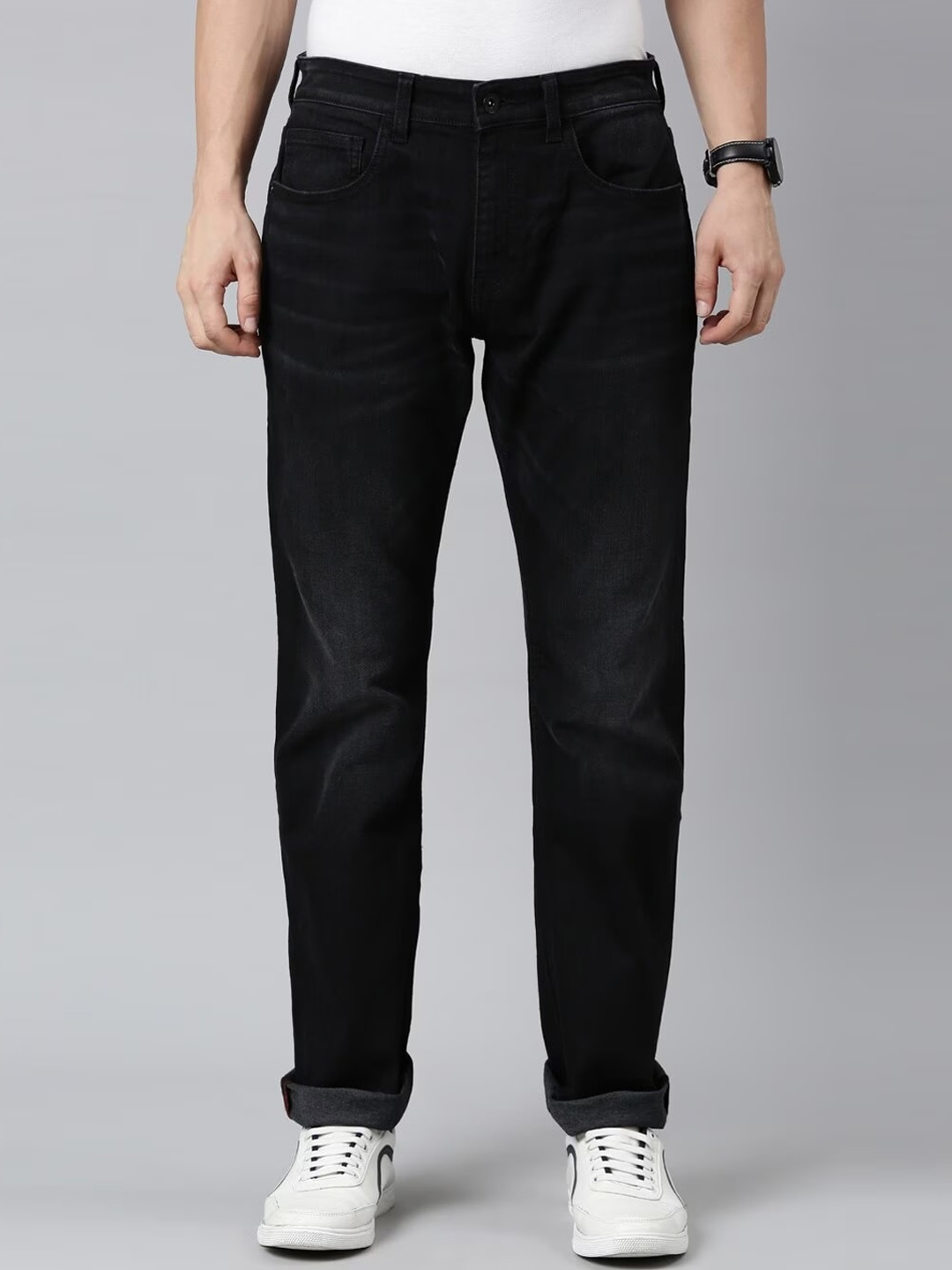 

American Bull Men Bootcut Light Fade Stretchable Jeans, Black
