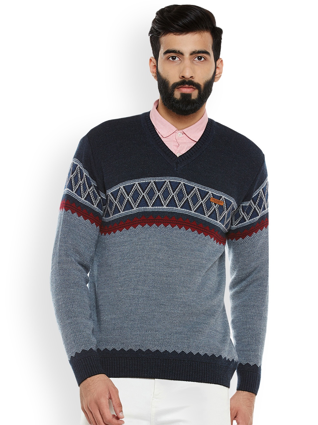 

Duke Men Navy Blue Self-Design Pullover