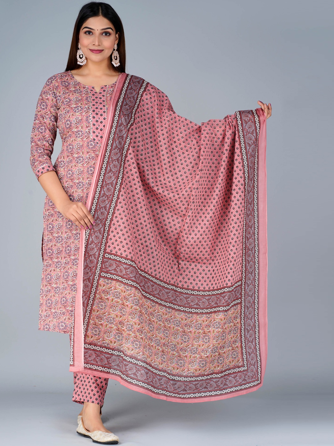 

KALINI Floral Printed Pure Cotton Straight Kurta with Trousers & Dupatta, Pink