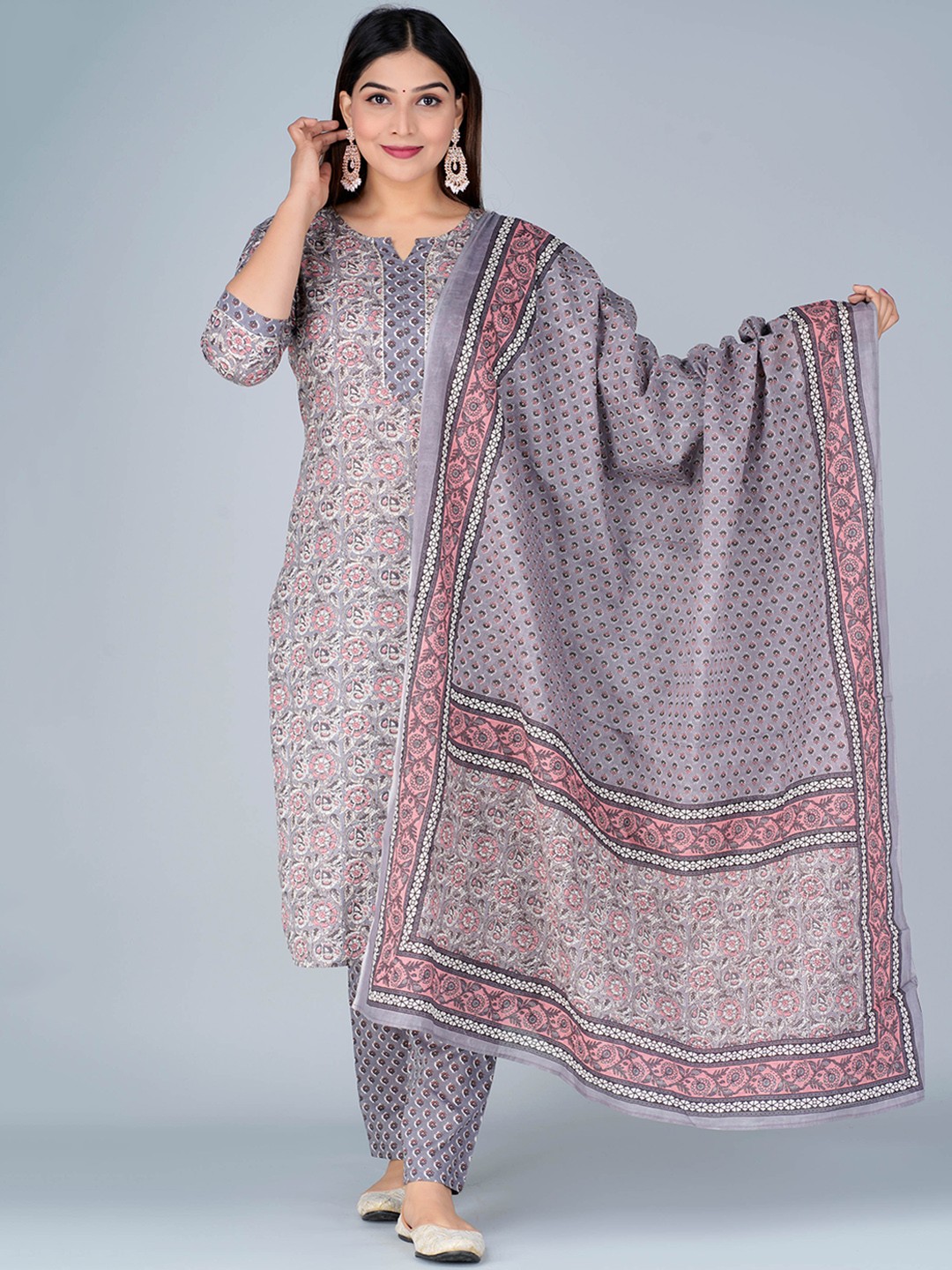 

KALINI Notch Neck Floral Printed Pure Cotton Kurta with Trousers & Dupatta, Grey