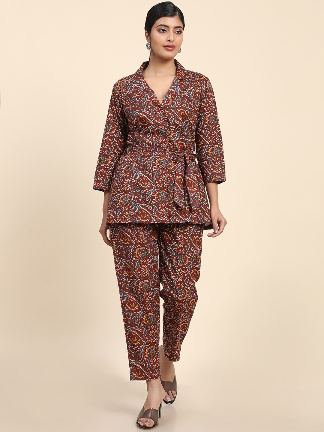 

Aawari Kalamkari Printed Longline Top With Trousers Co-Ords Set, Brown