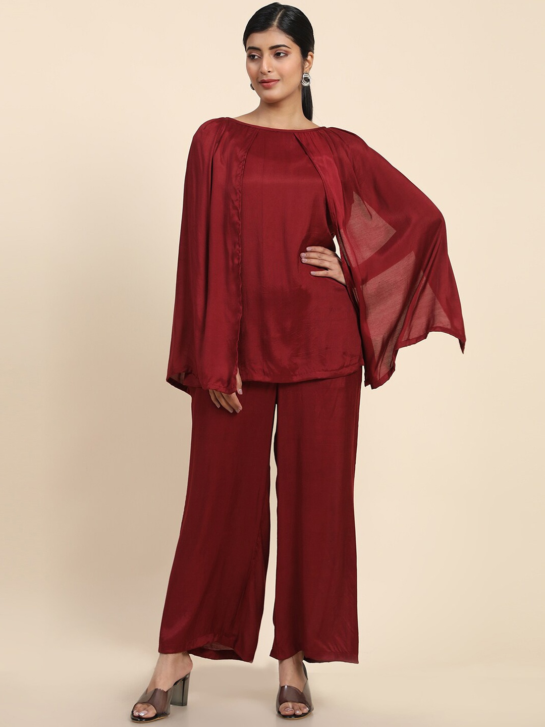 

Aawari Long Slit Sleeves Top With Trousers, Maroon