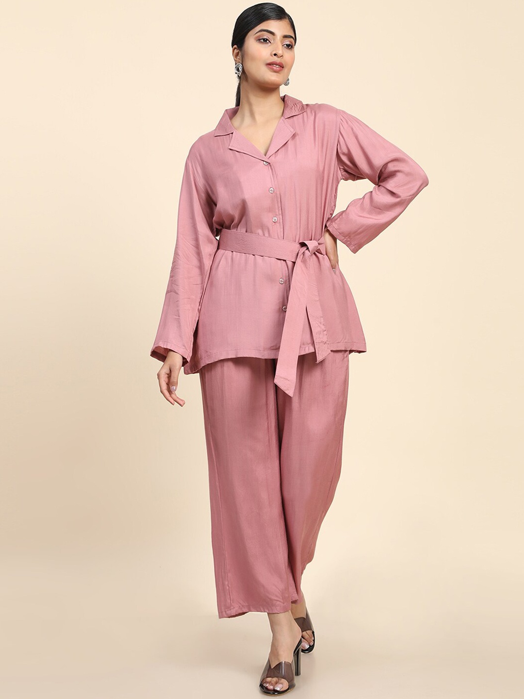 

Aawari Waist Tie-Up Long Sleeves Top with Trousers, Mauve