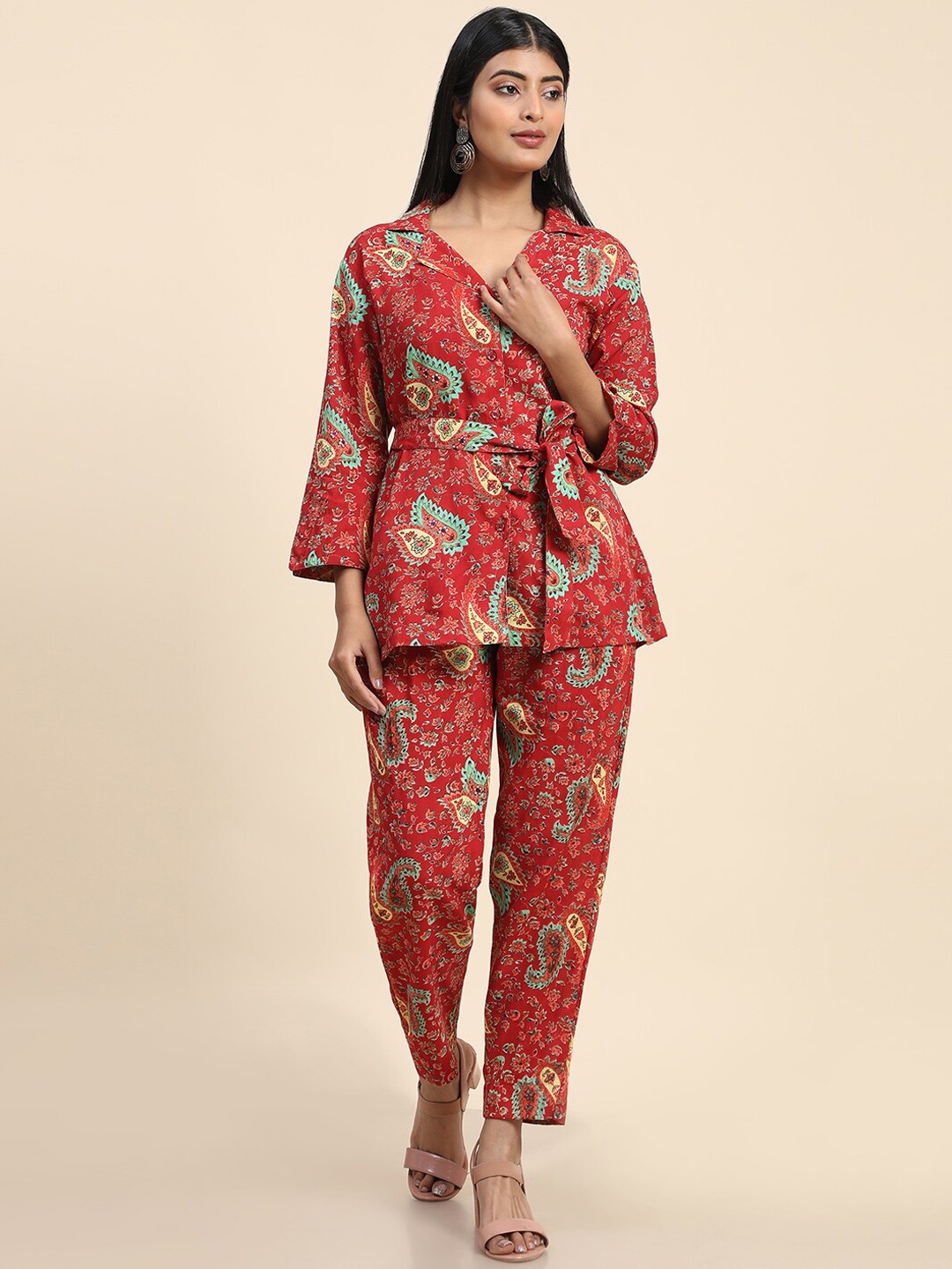 

Aawari Printed Waist Tie-Up Long Sleeves Top With Trouser, Red