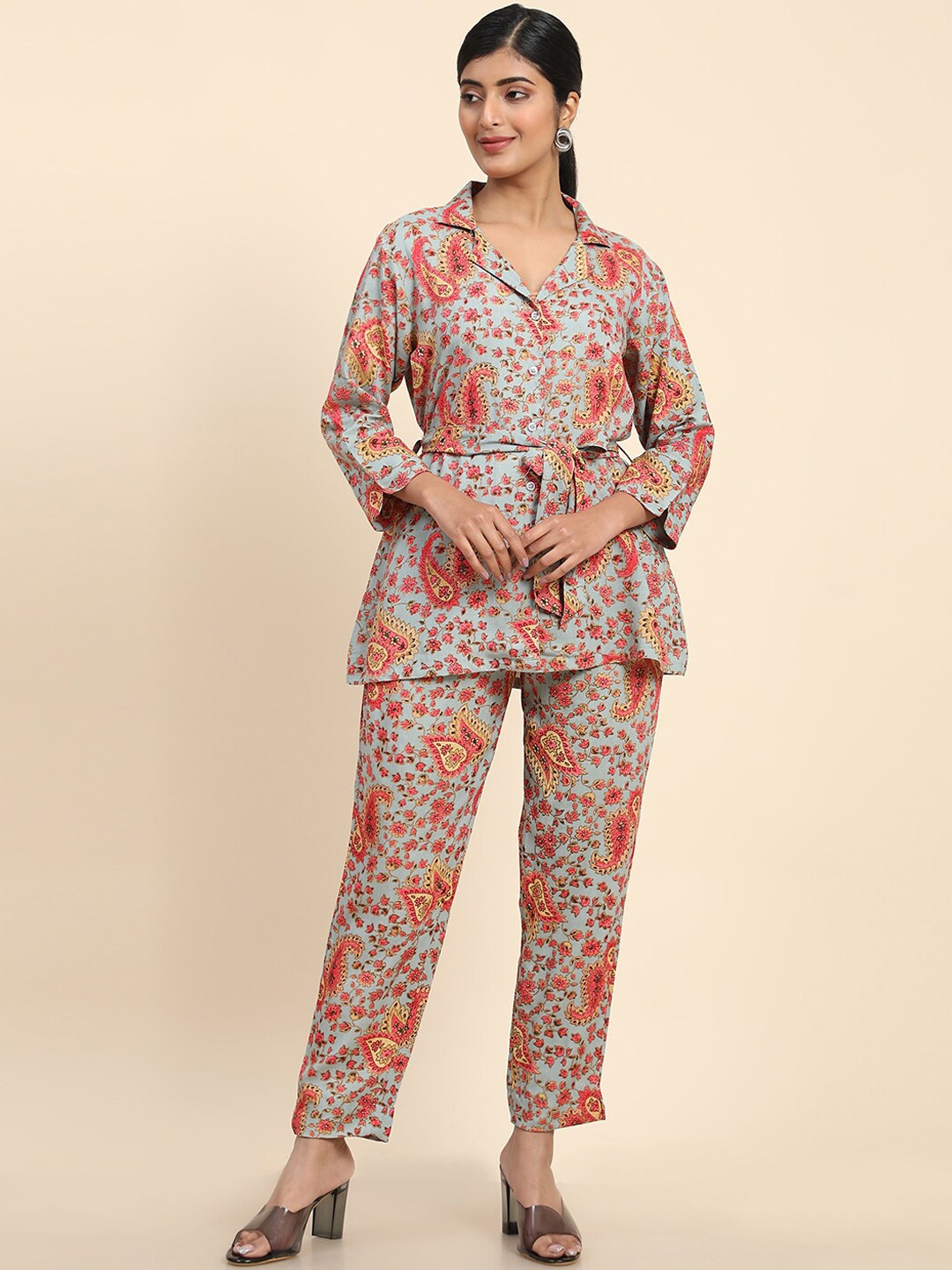 

Aawari Paisley Printed Waist Tie-Up Long Sleeves Top With Trouser, Blue