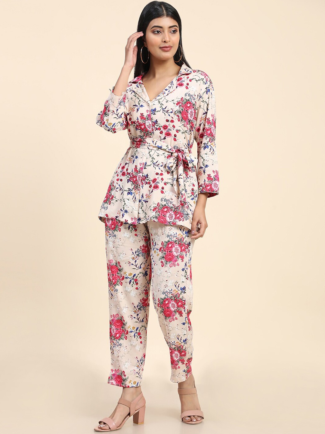 

Aawari Floral Printed Waist Tie-Up Long Sleeves Top With Trouser, White