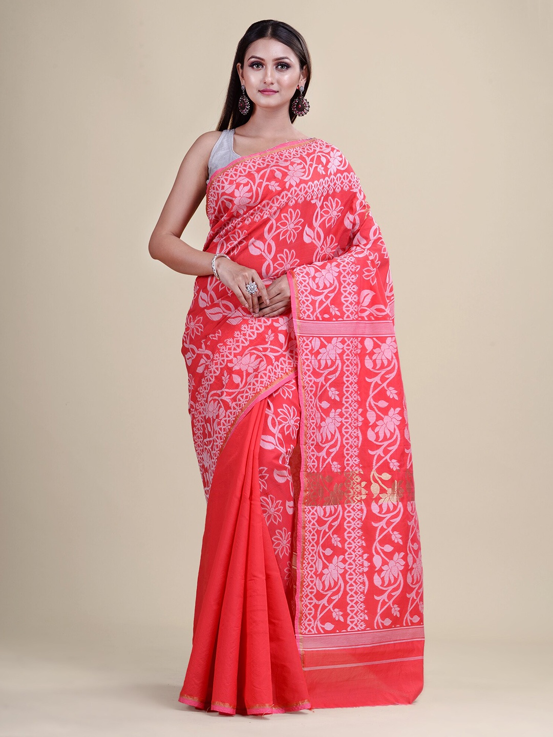 

Laa Calcutta Floral Woven Design Silk Cotton Saree, Red