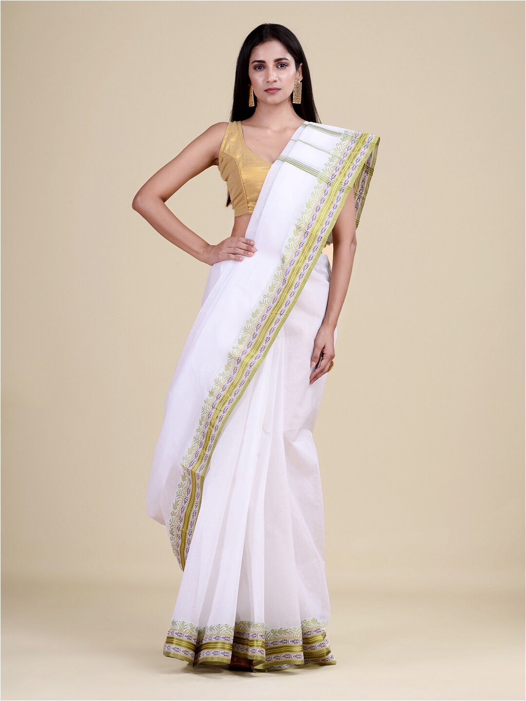 

Laa Calcutta Striped Pure Cotton Taant Saree, White