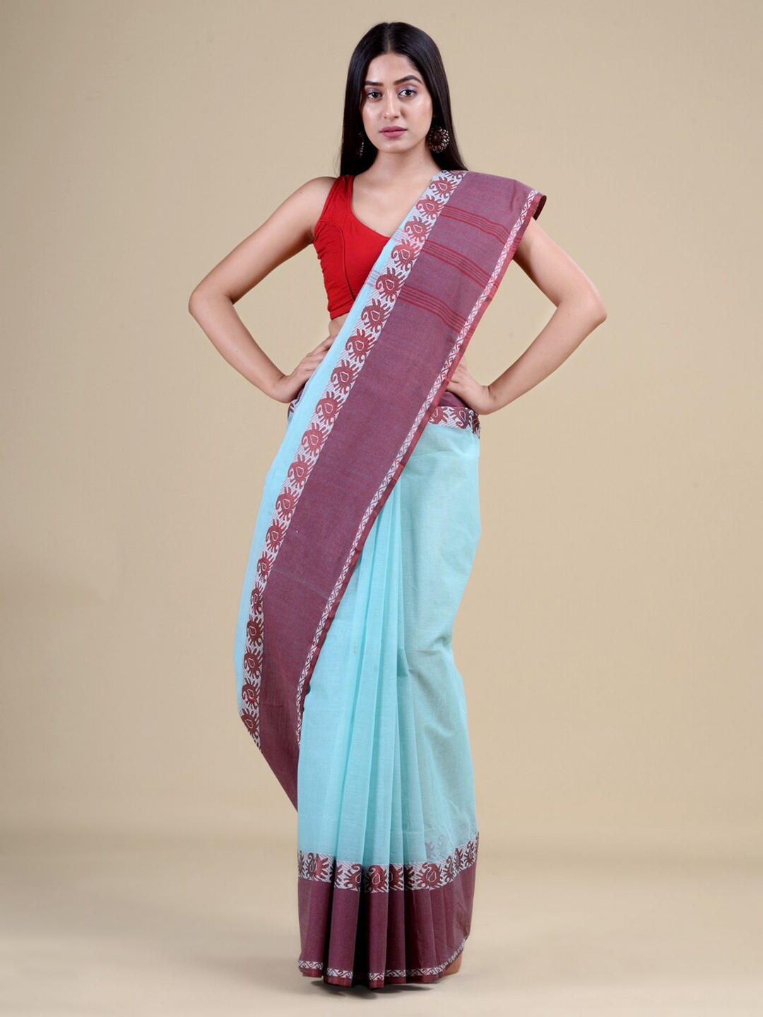 

Laa Calcutta Striped Pure Cotton Taant Saree, Sea green