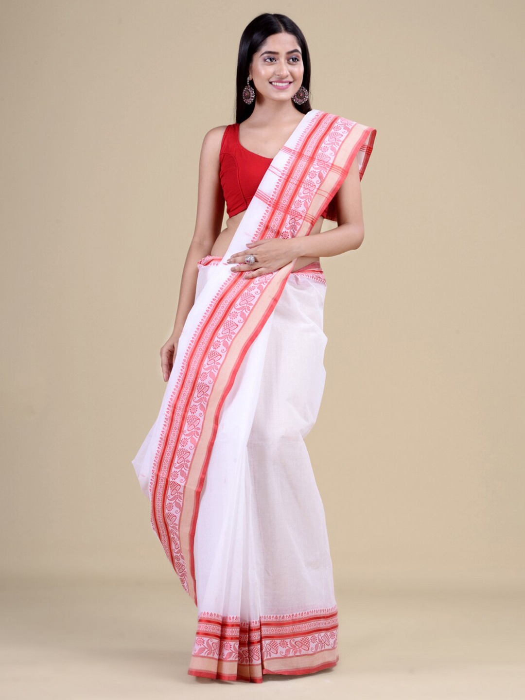 

Laa Calcutta Striped Pure Cotton Taant Saree, White