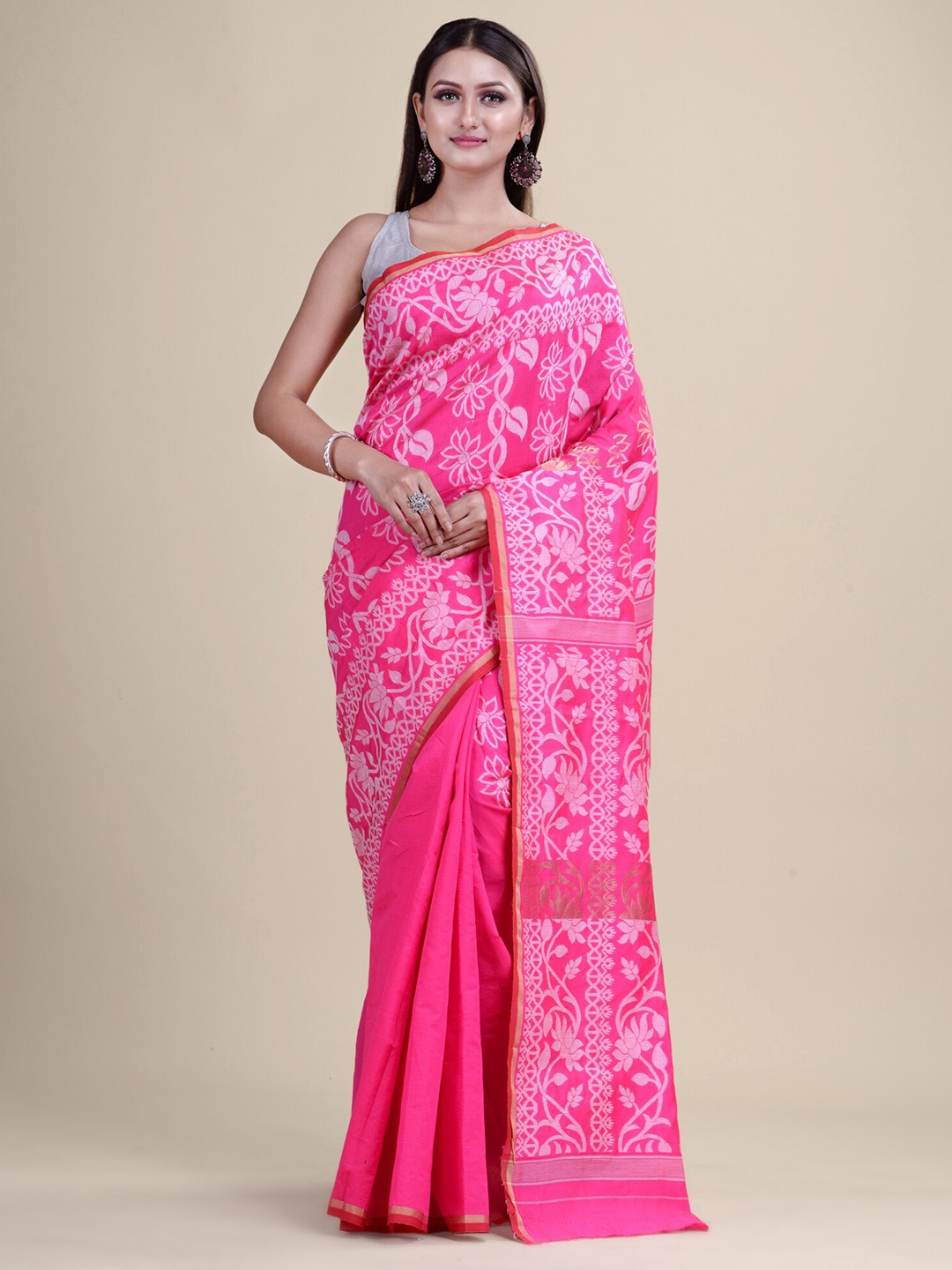 

Laa Calcutta Floral Woven Design Silk Cotton Saree, Pink