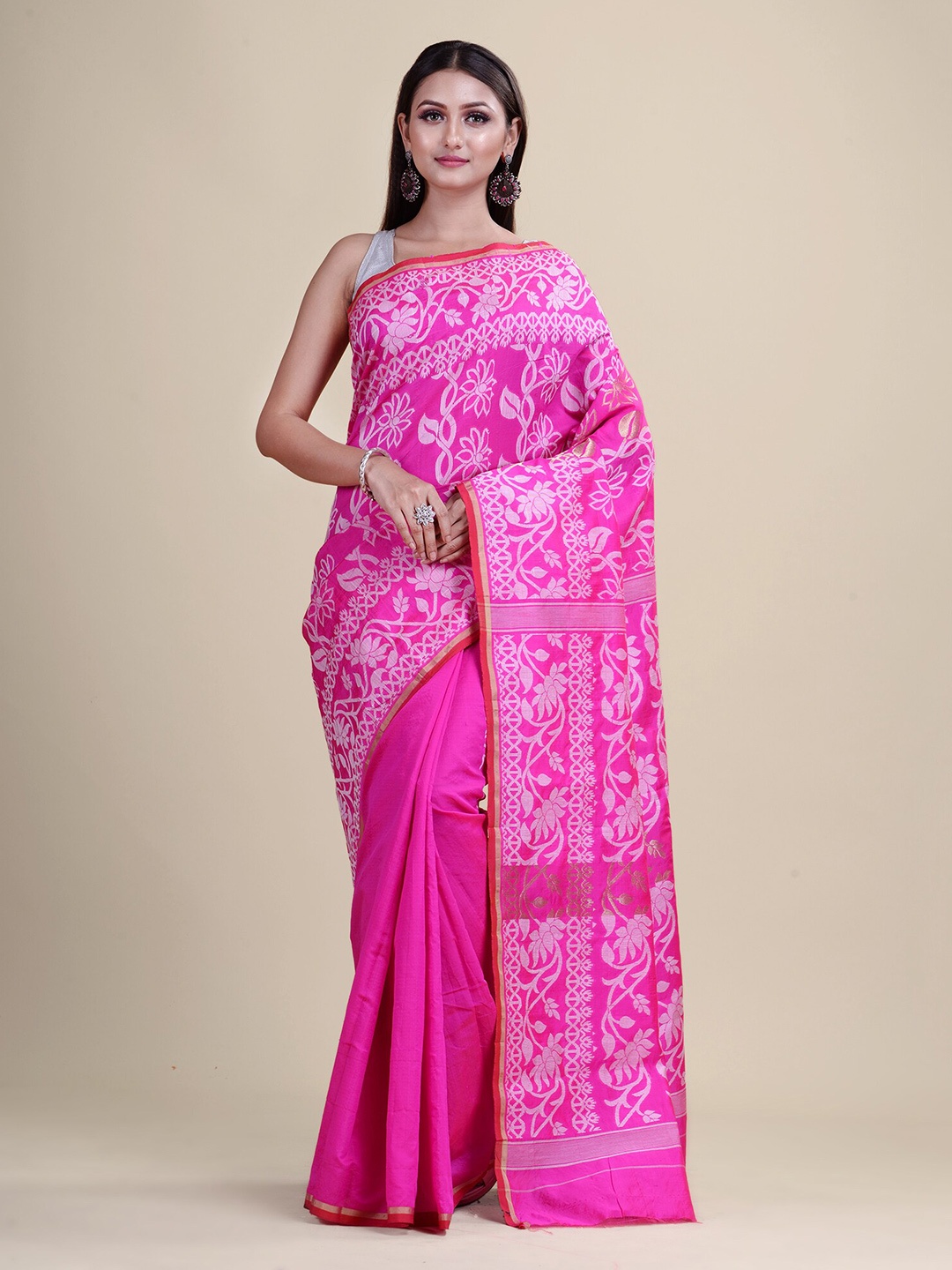 

Laa Calcutta Floral Woven Design Silk Cotton Saree, Pink