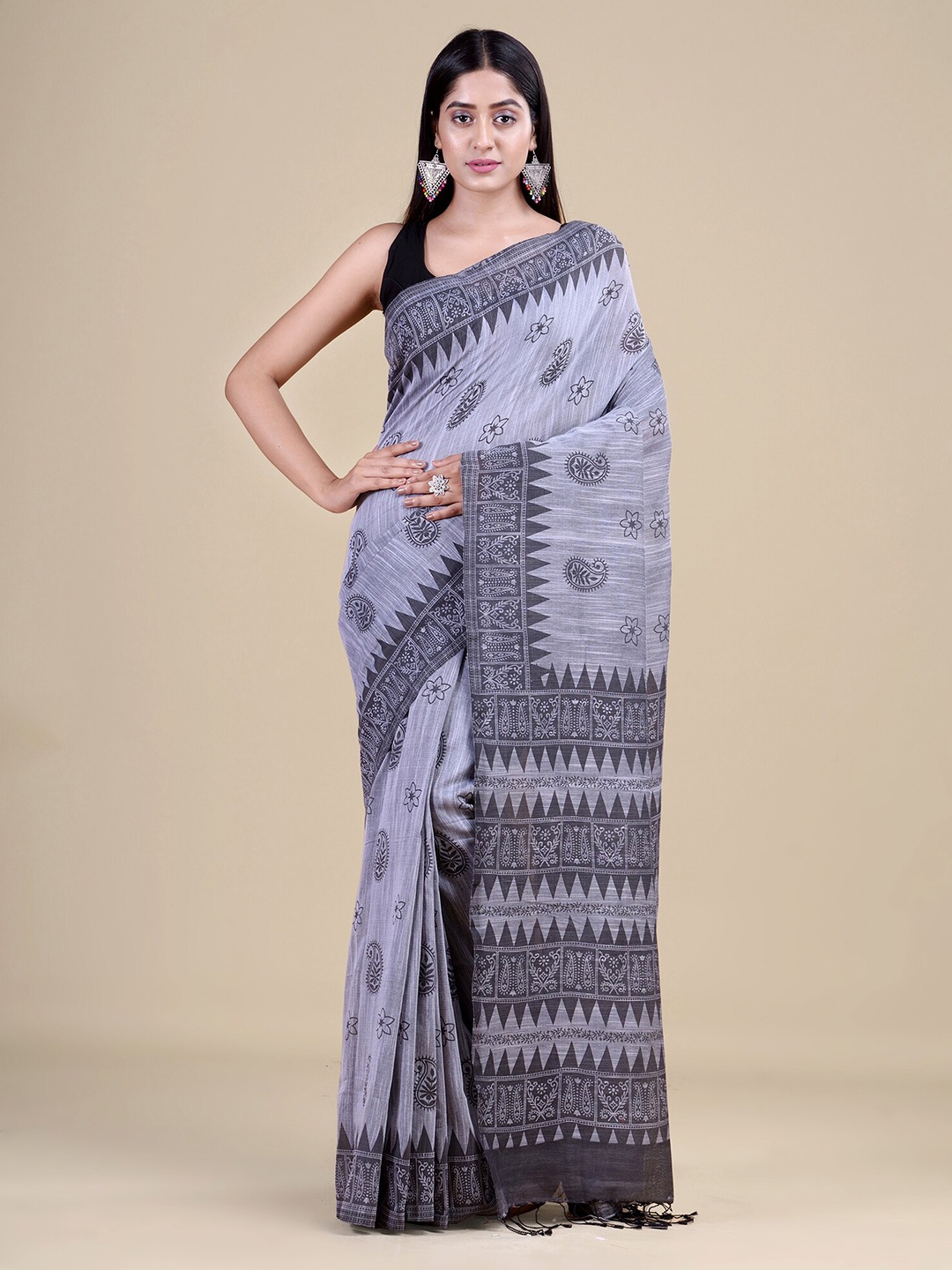 

Laa Calcutta Paisley Printed Pure Cotton Saree With Tassles, Grey