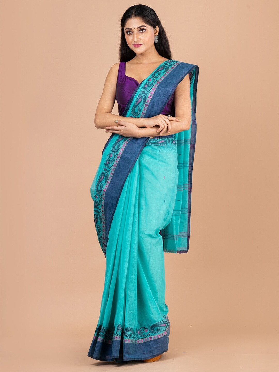 

Laa Calcutta Woven Design Bordered Pure Cotton Taant Saree, Turquoise blue
