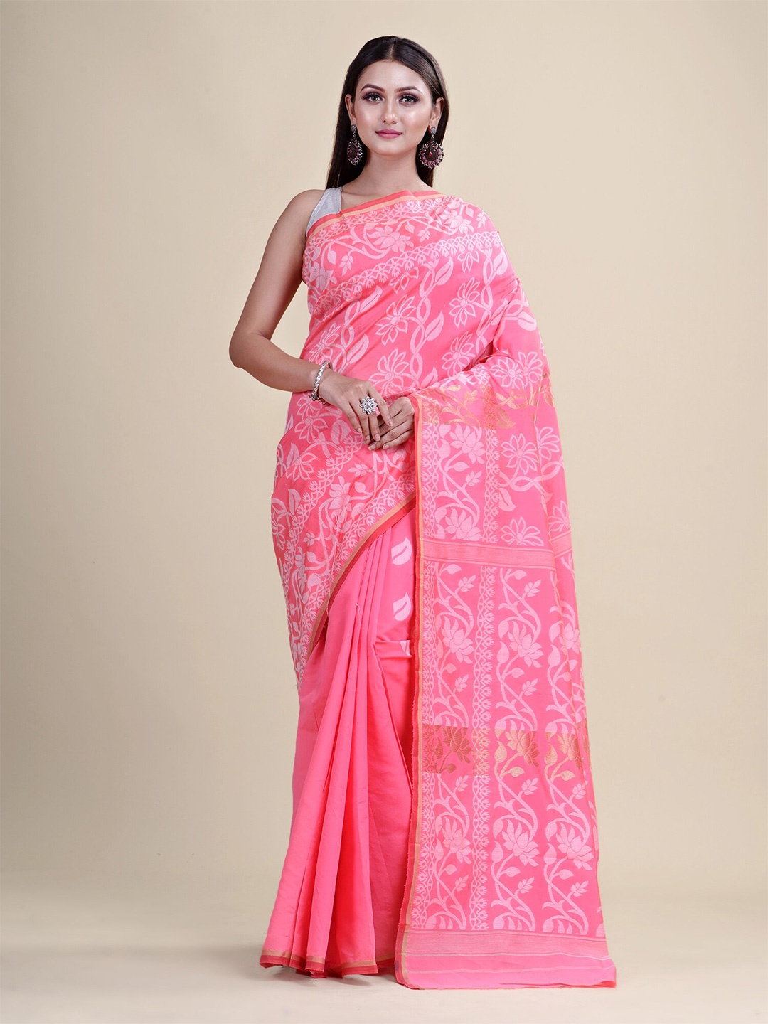 

Laa Calcutta Floral Woven Design Silk Cotton Saree, Pink