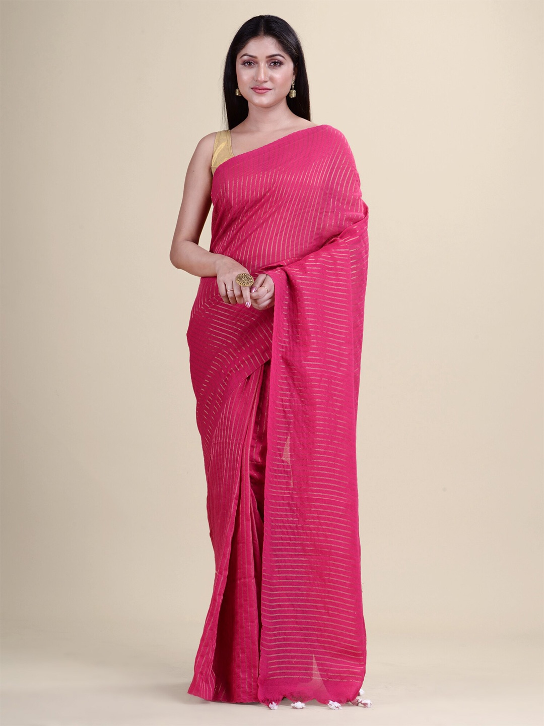 

Laa Calcutta Striped Zari Pure Cotton Saree, Pink
