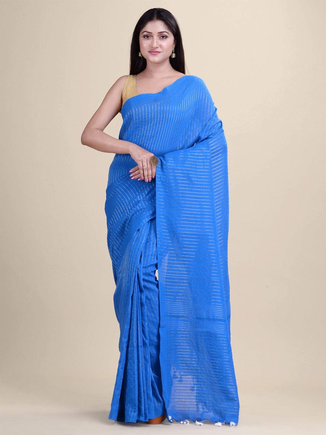 

Laa Calcutta Striped Zari Pure Cotton Saree, Blue