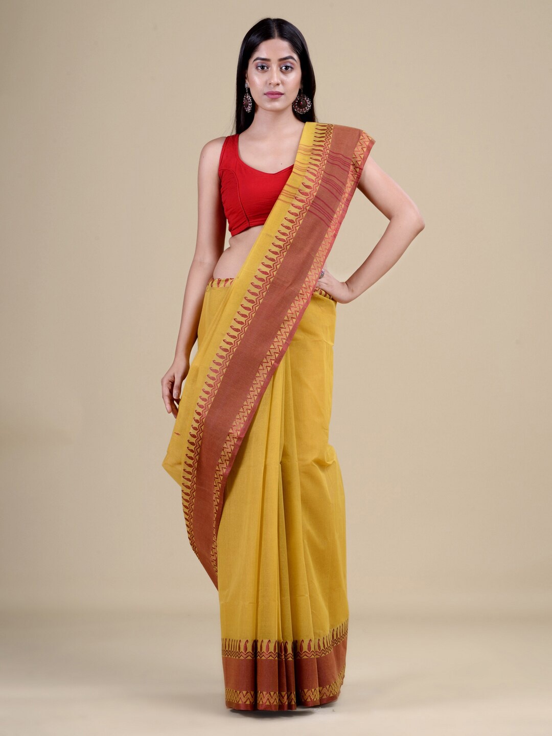 

Laa Calcutta Pure Cotton Taant Saree, Yellow