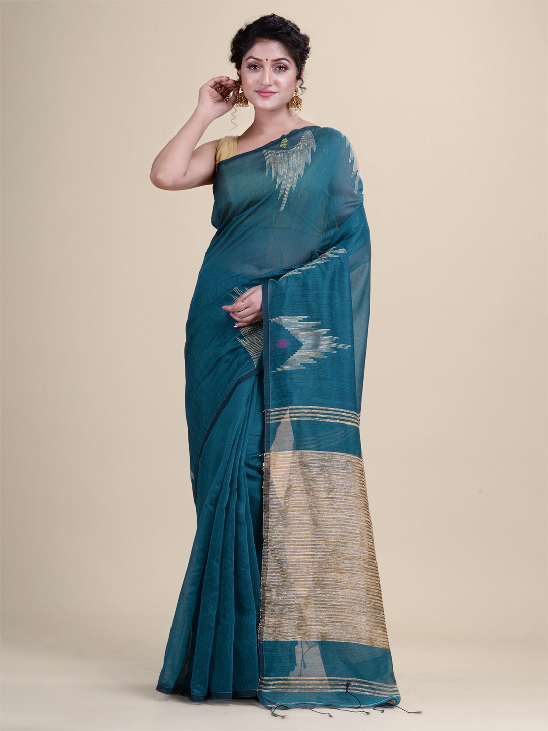 

Laa Calcutta Geometric Woven Design Pure Cotton Saree, Teal