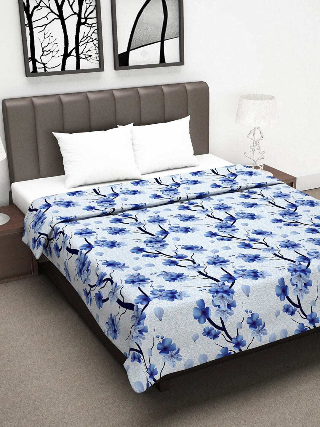 

Divine Casa White & Blue Floral AC Room 110 GSM Reversible Double Bed Dohar