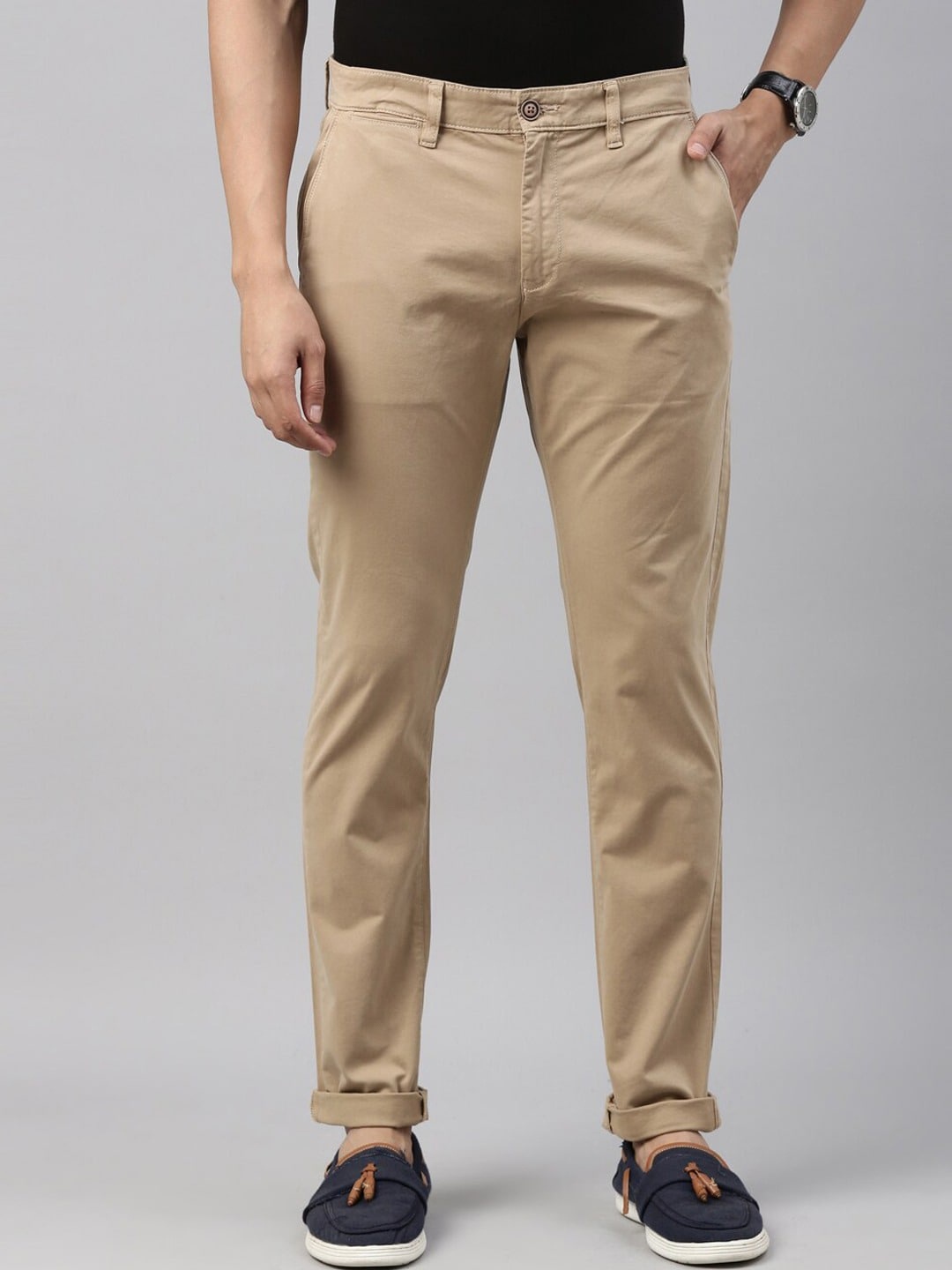 

American Bull Men Mid Rise Cotton Slim Fit Chinos Trousers, Beige