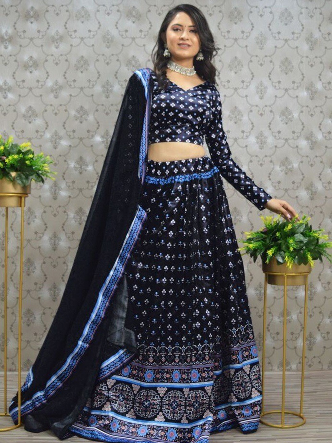 

YOYO Fashion Printed Semi-Stitched Lehenga & Unstitched Blouse With Dupatta, Black