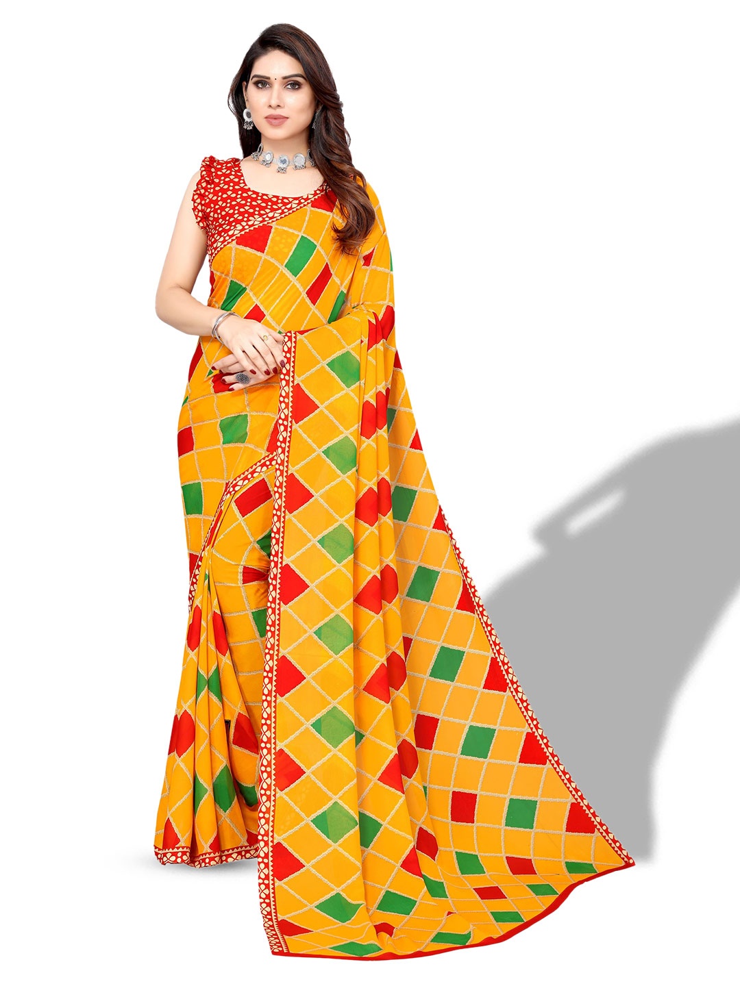 

Florence Georgette Geometric Printed Saree, Mustard