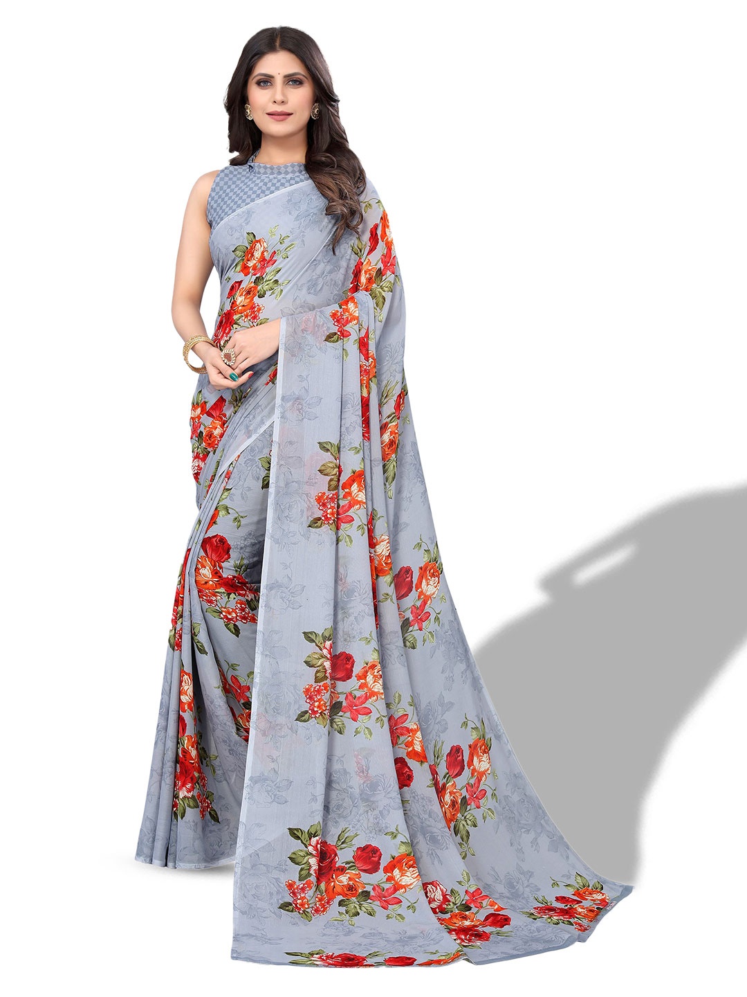 

Florence Georgette Floral Printed Saree, Grey