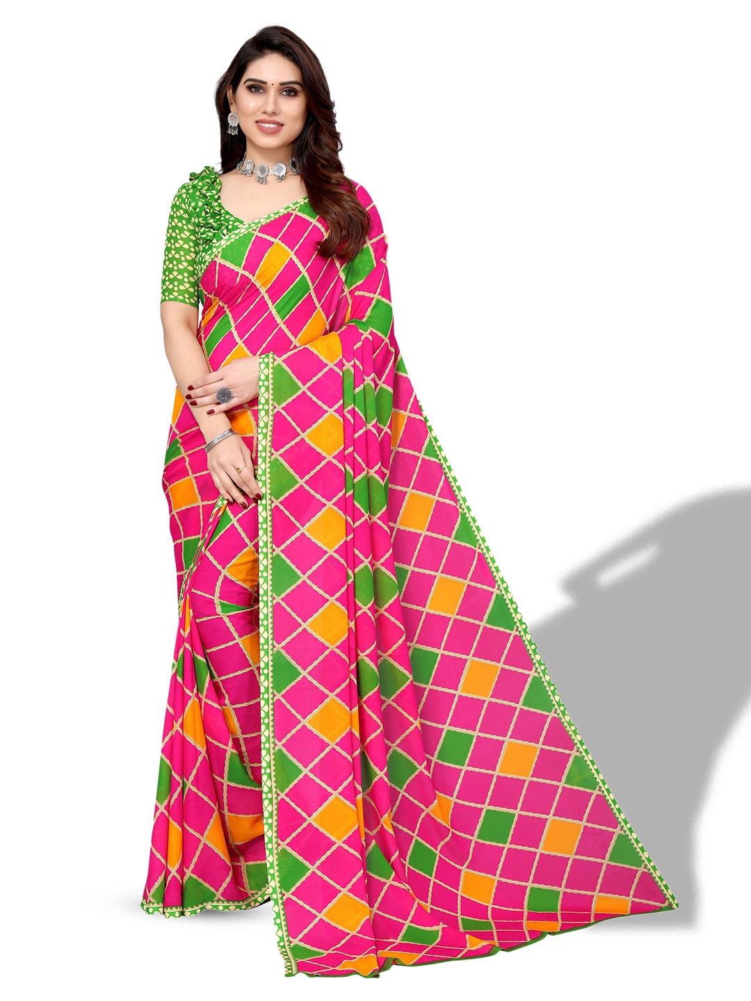 

Florence Georgette Geometric Printed Saree, Pink