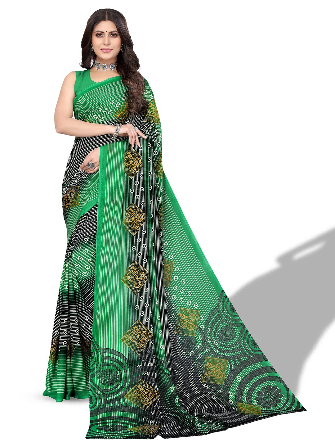 

Florence Striped Georgette Printed Saree, Green