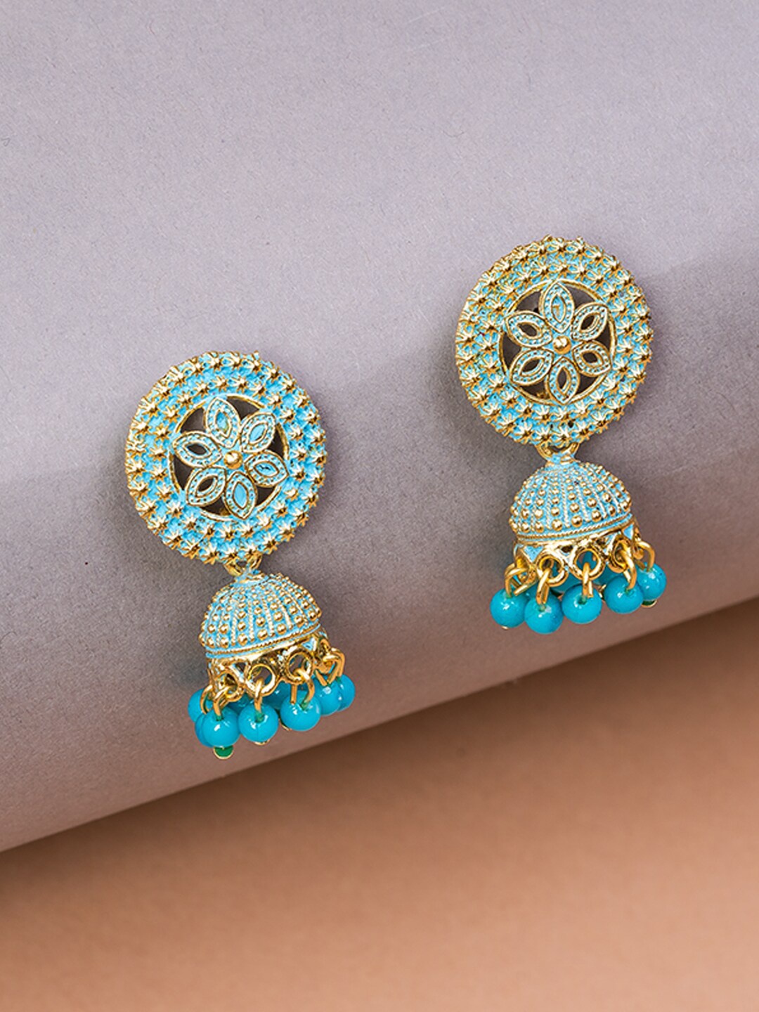 

HOUSE OF ARLI Gold-Plated Beaded Circular Jhumkas Earrings, Turquoise blue