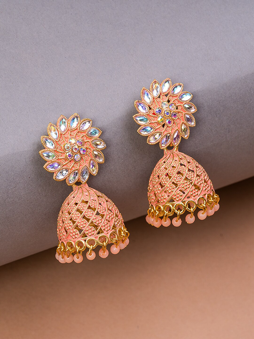 

HOUSE OF ARLI Gold-Plated Stone-Studded & Beaded Dome Shaped Jhumkas Earrings, Peach