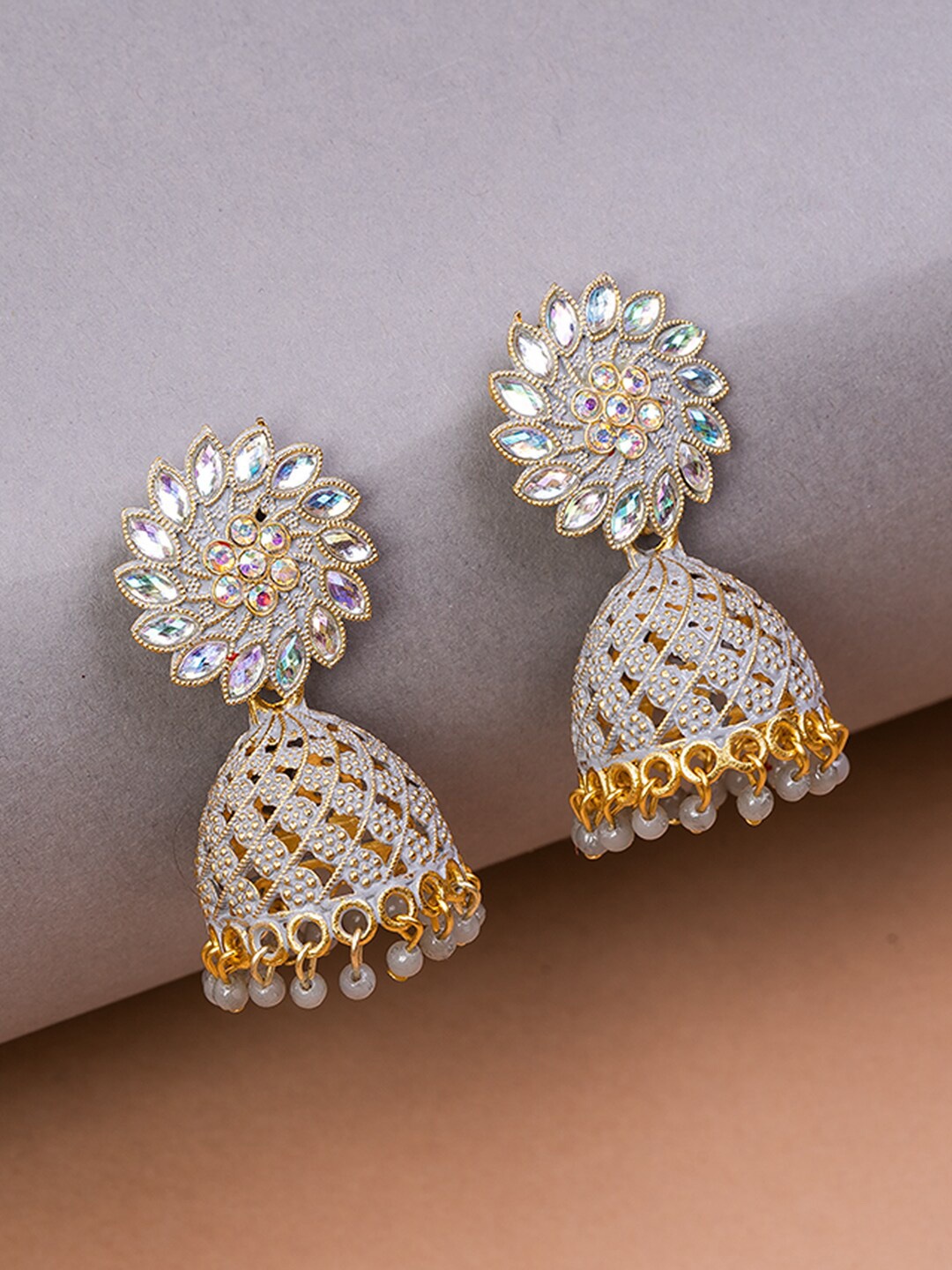 

HOUSE OF ARLI Gold-Plated Stone-Studded & Beaded Dome Shaped Jhumkas Earrings, Grey