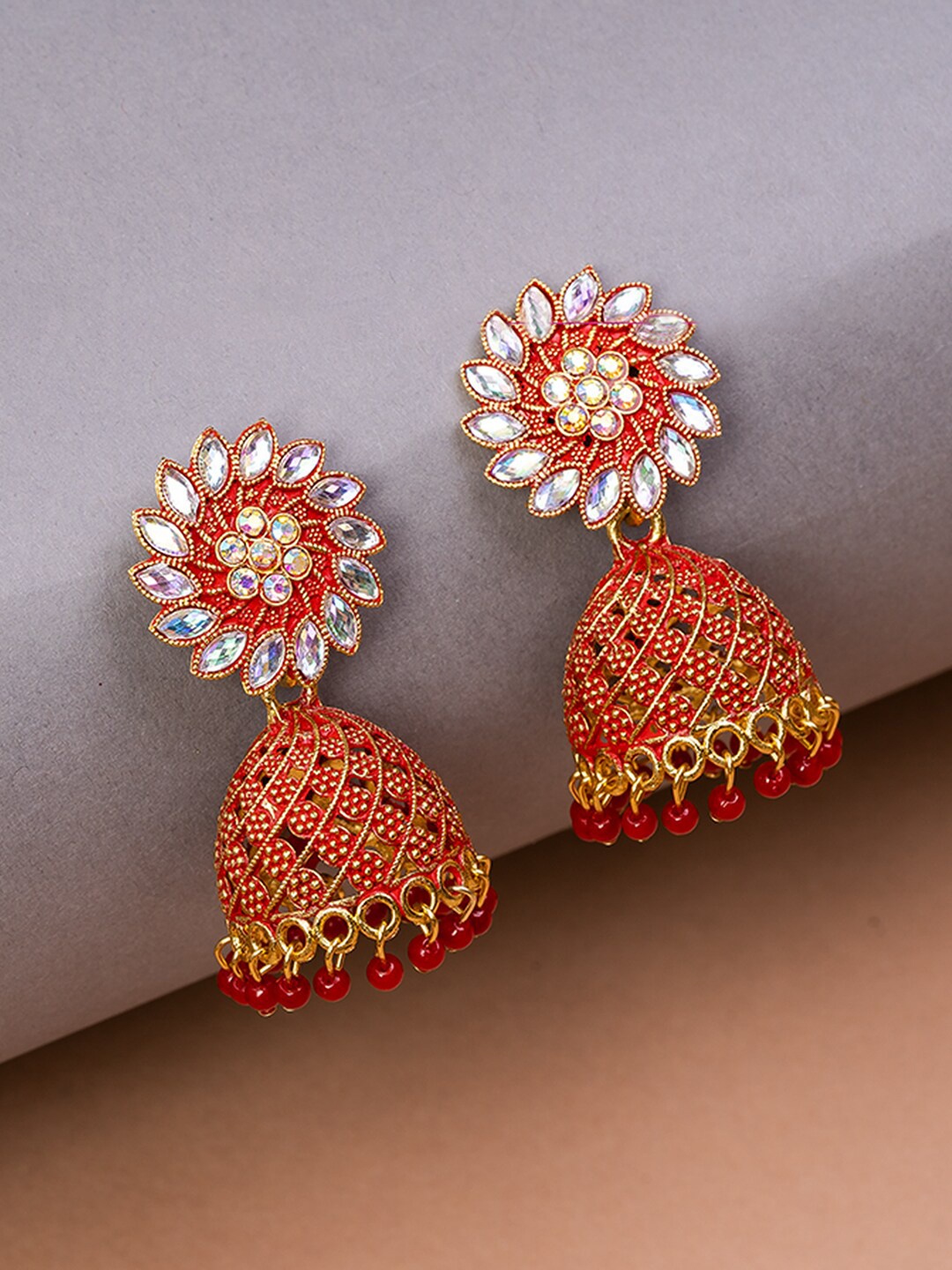 

HOUSE OF ARLI Gold-Plated Stone-Studded & Beaded Dome Shaped Jhumkas Earrings, Red