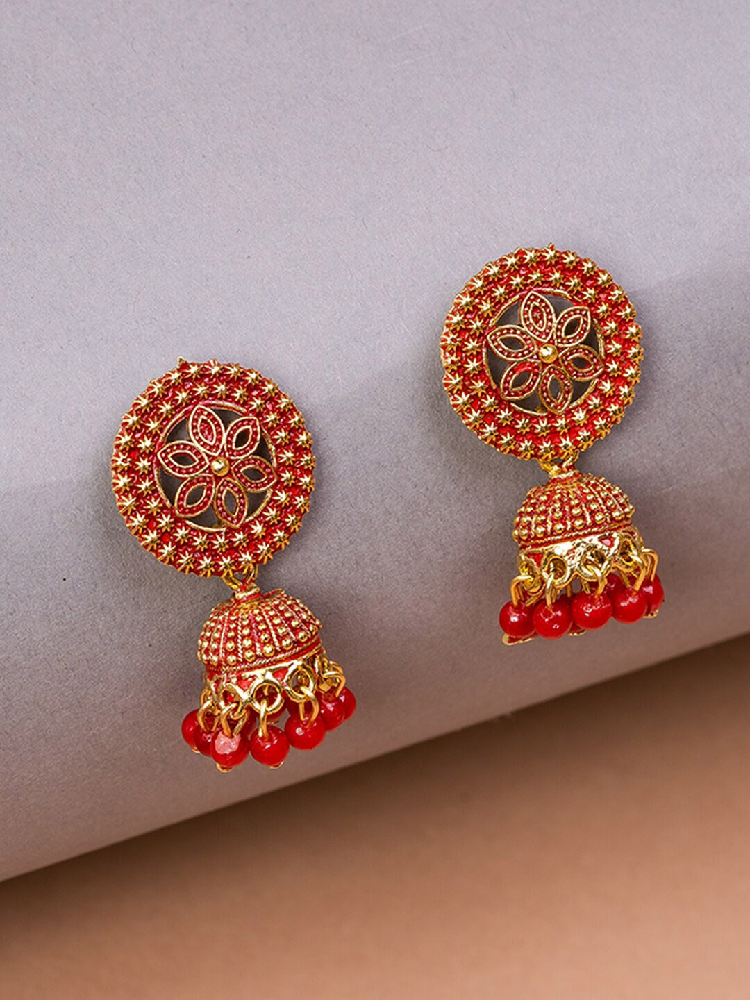 

HOUSE OF ARLI Gold-Plated Beaded Circular Jhumkas Earrings, Red