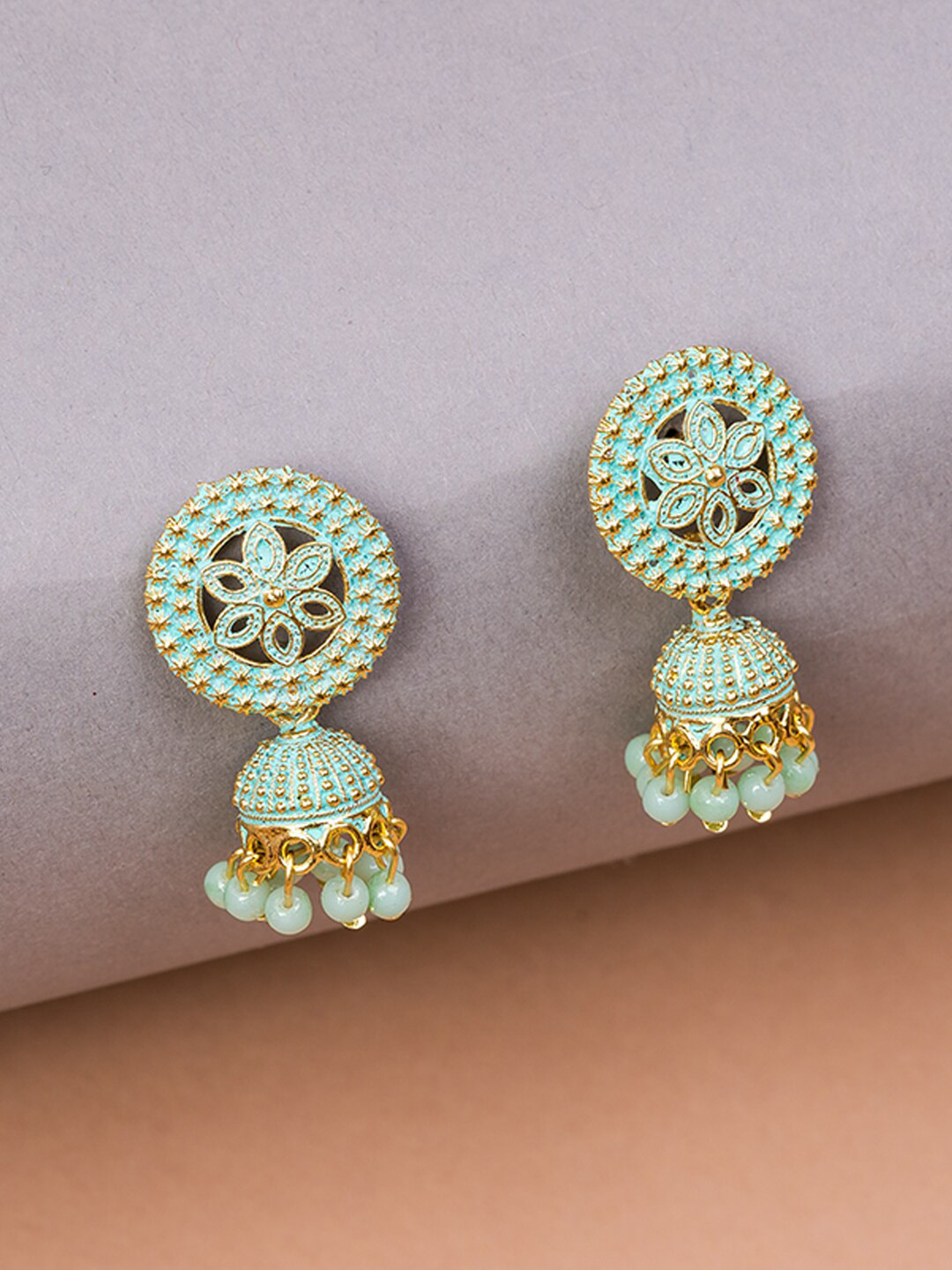 

HOUSE OF ARLI Gold-Plated Beaded Circular Jhumkas Earrings, Sea green