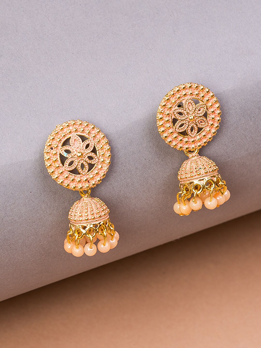 

HOUSE OF ARLI Gold-Plated Beaded Circular Jhumkas Earrings, Peach