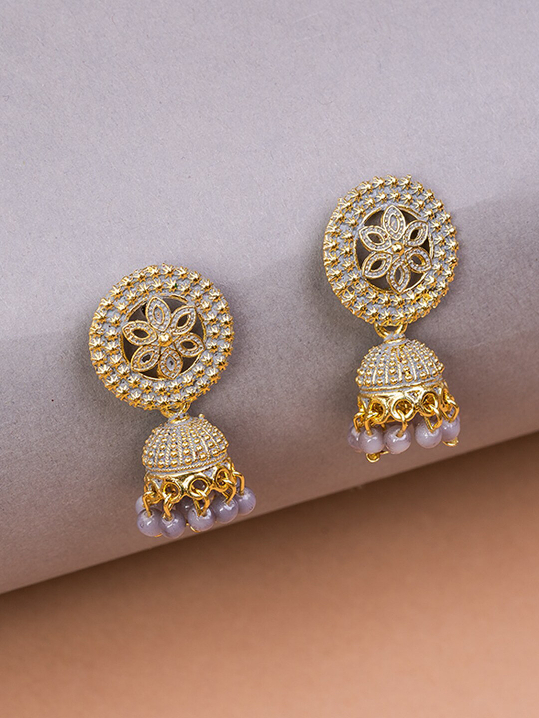 

HOUSE OF ARLI Gold-Plated Beaded Circular Jhumkas Earrings, Grey