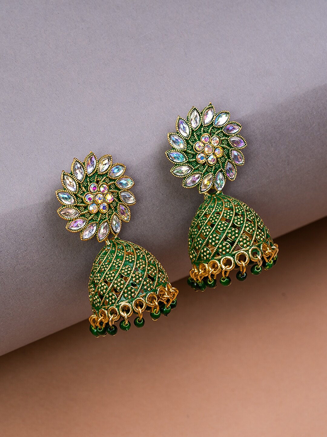 

HOUSE OF ARLI Gold-Plated Stone Studded & Beaded Dome Shaped Jhumkas Earrings, Green