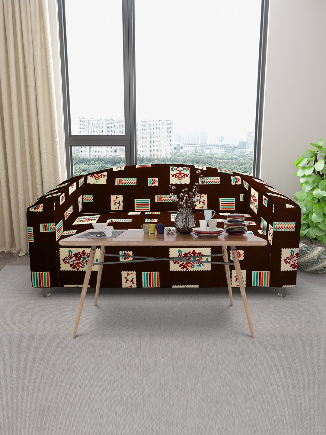 

DREAM CARE Brown & Beige Printed Stretchable 3-Seater Sofa Slipcover