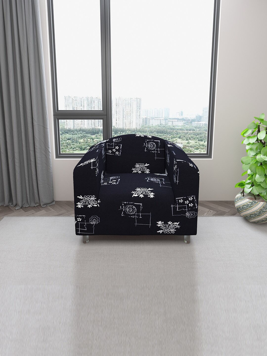 

DREAM CARE Black & White Floral Printed Stretchable 1-Seater Sofa Cover With Anti Slip Foam Sticks