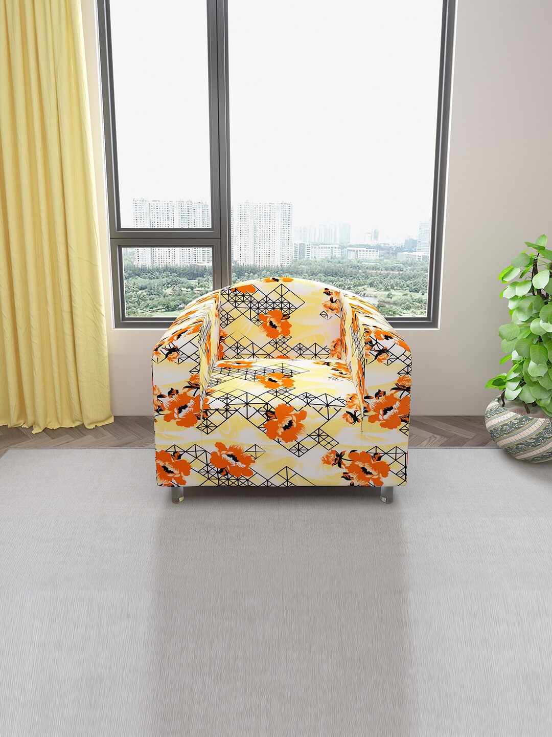 

DREAM CARE Yellow & Orange-Colored Floral Printed Stretchable 1-Seater Sofa Cover With Anti Slip Foam Sticks
