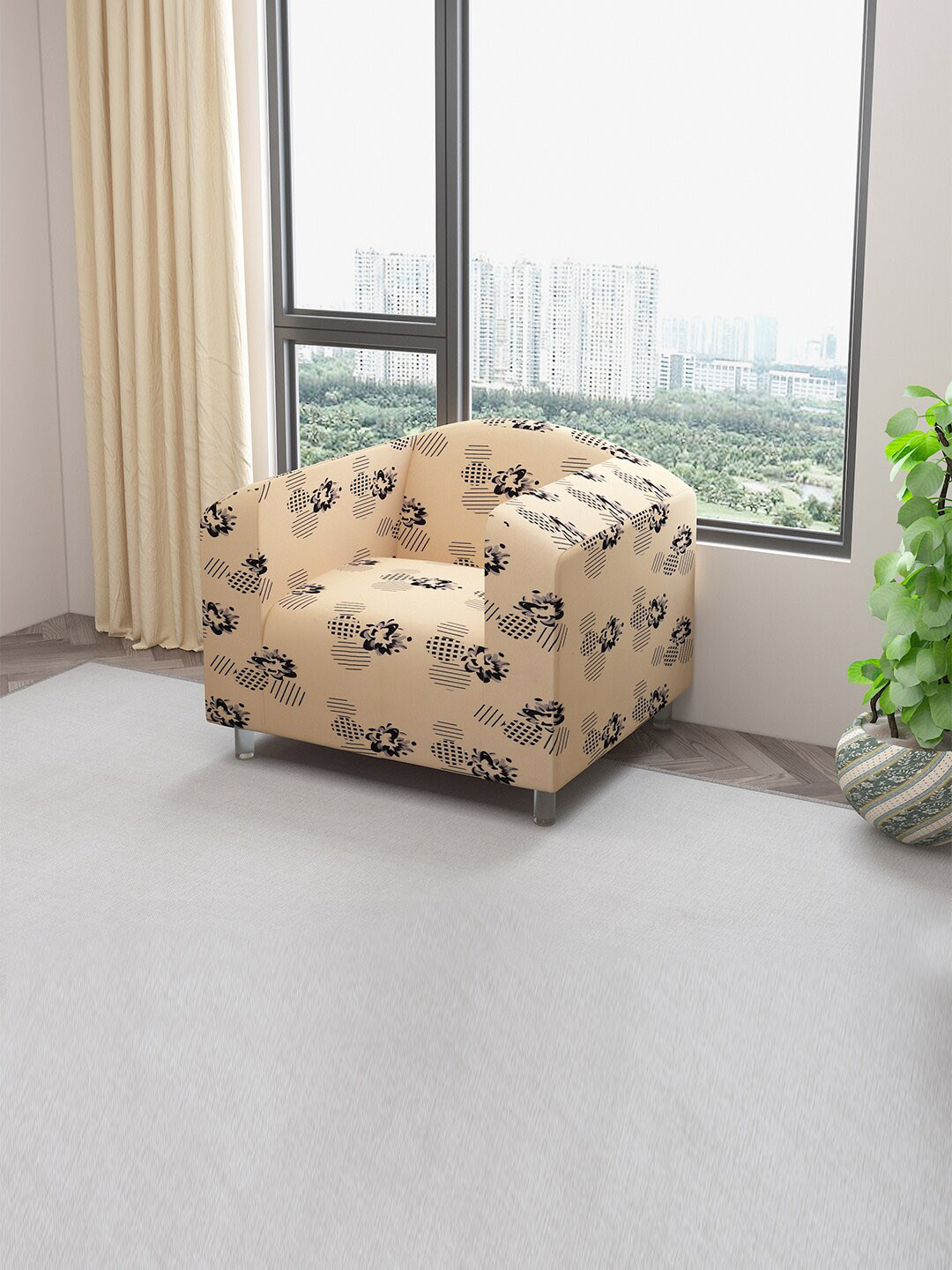 

DREAM CARE Beige & Black Printed Stretchable One-Seater Sofa Slipcover With Foam Stick