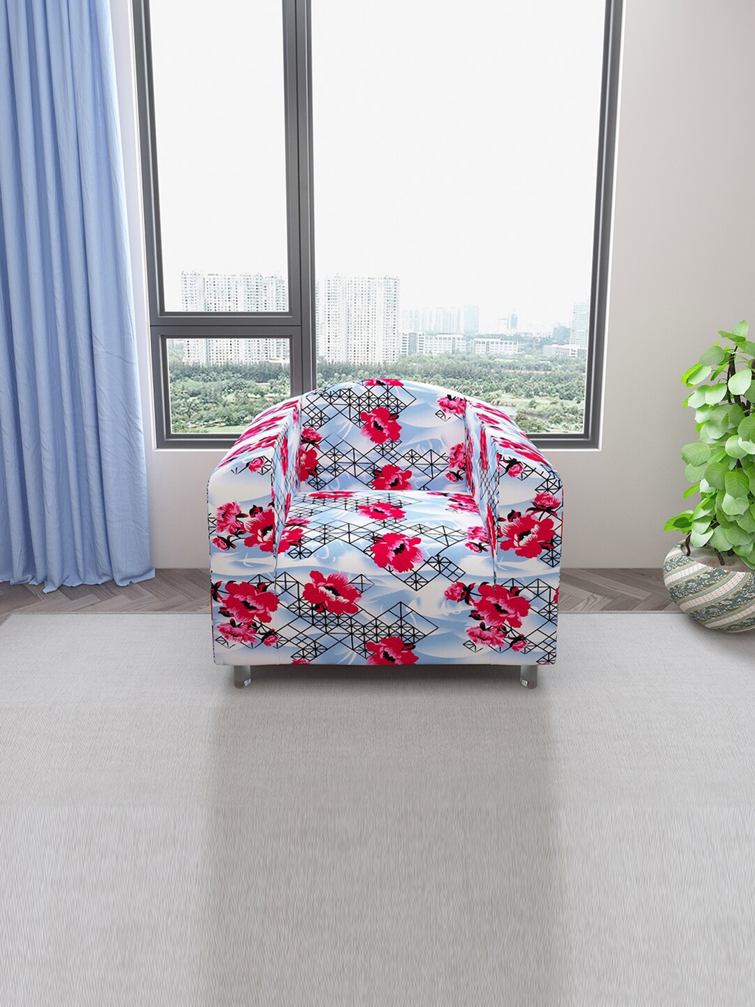 

DREAM CARE Blue & Pink Floral Printed Stretchable One Seater Sofa Slipcover With Foam Stick