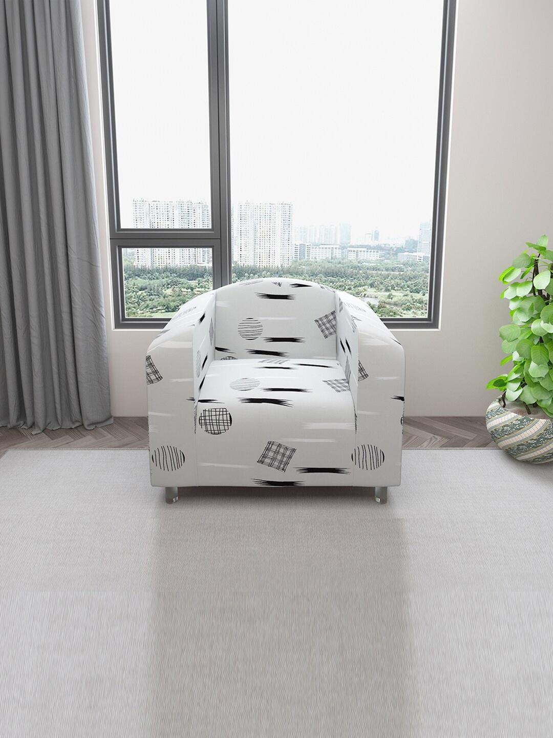 

DREAM CARE Grey & Black Printed Stretchable 1-Seater Sofa Cover With Anti Slip Foam Sticks