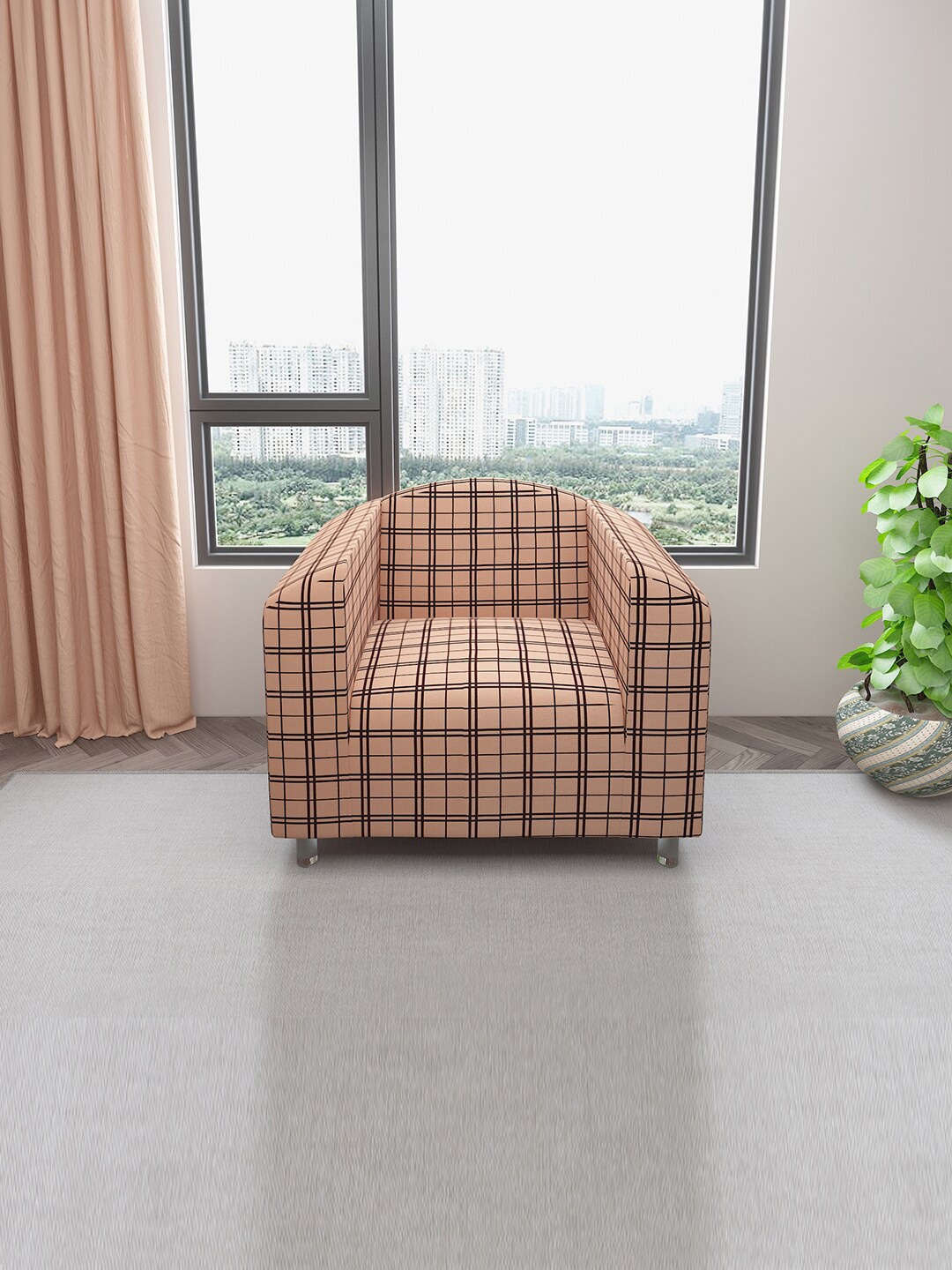 

DREAM CARE Beige Checked Stretchable 1-Seater Sofa Cover With Anti Slip Foam Sticks